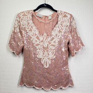 Vintage Stenay Sequin Top Womens Small Pink Beaded Silk 80s Granny Western Party
